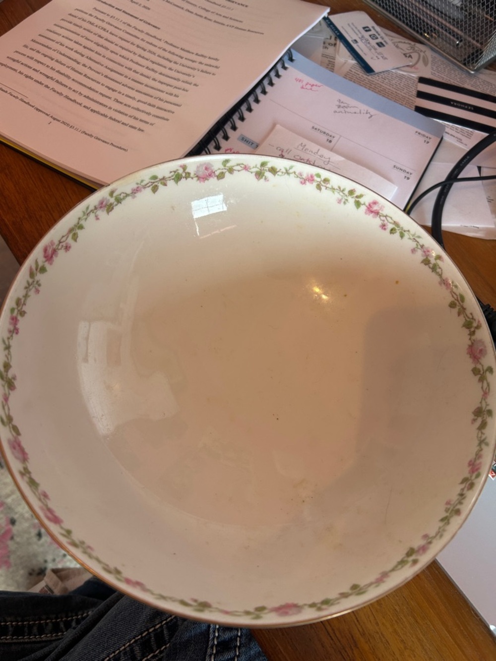Classic Floral Rim Porcelain Serving Bowl - Pink and Cream Haviland Limoges